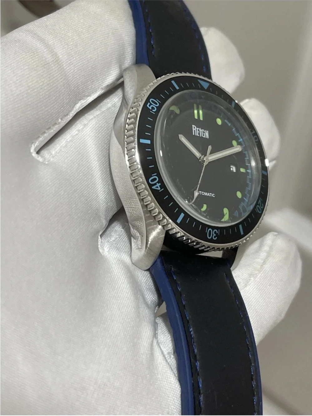 Reign Elijah Automatic Men's Diver Watch 42mm Black/Blue Leather Rubber